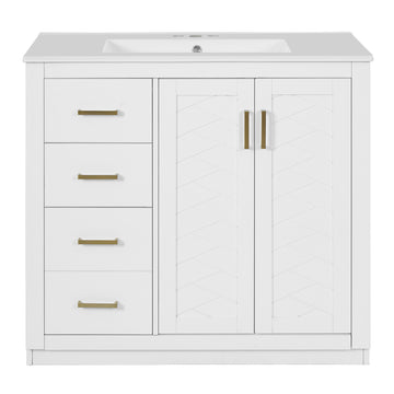 36 Inch Bathroom Vanity with Ceramic Sink Solid Wood Frame 3 Drawers 2 Doors White