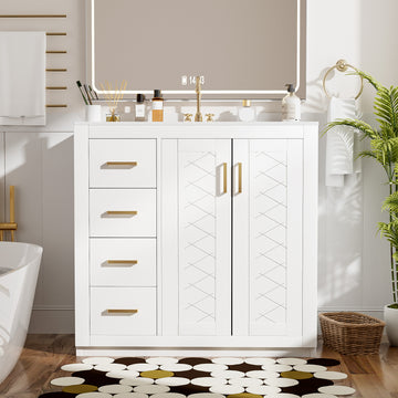 36 Inch Bathroom Vanity with Ceramic Sink Solid Wood Frame 3 Drawers 2 Doors White