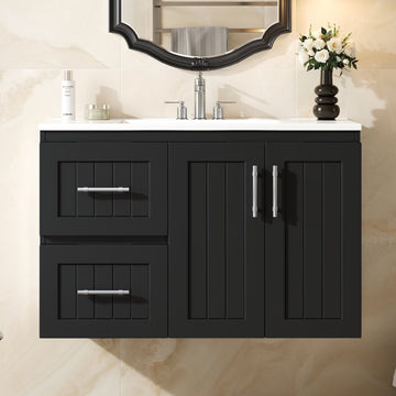 36 Inch Wall Mounted Bathroom Vanity with Ceramic Sink Black