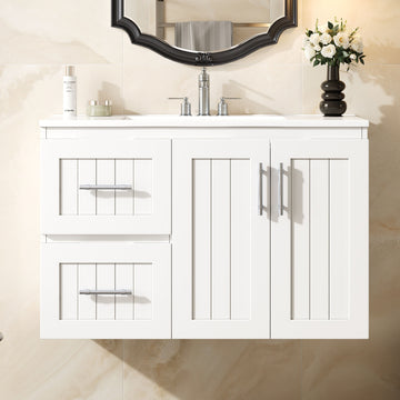 36 Inch Wall Mounted Bathroom Vanity with Ceramic Sink White