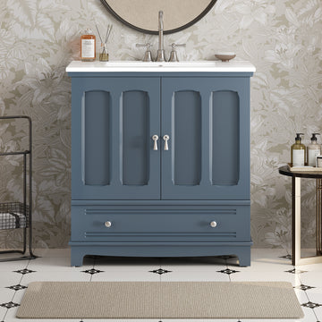 30 Inch Bathroom Vanity with Ceramic Sink and Adjustable Shelf Blue