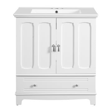 30 Inch Bathroom Vanity with Ceramic Sink and Adjustable Shelf White