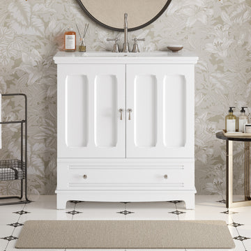 30 Inch Bathroom Vanity with Ceramic Sink and Adjustable Shelf White