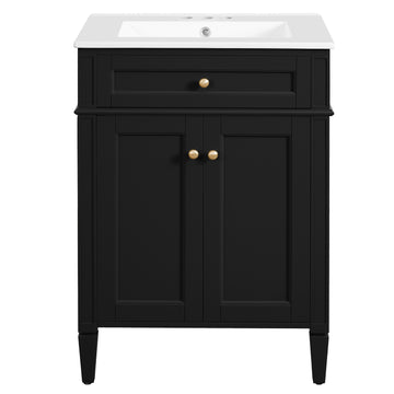 24 Inch Bathroom Vanity with Ceramic Sink and Tip Out Drawer Black