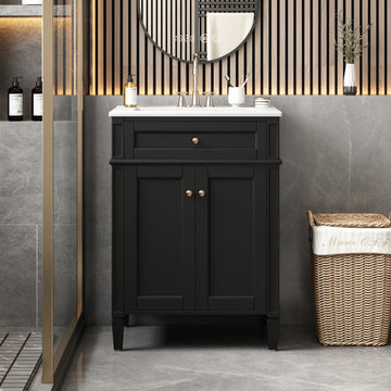 24 Inch Bathroom Vanity with Ceramic Sink and Tip Out Drawer Black