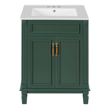 24 Inch Bathroom Vanity with Ceramic Sink Solid Wood Frame Green