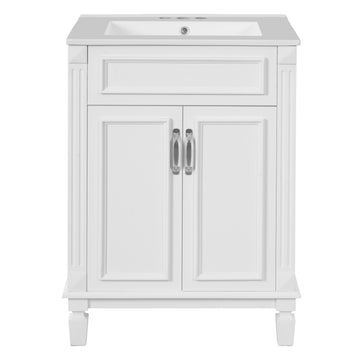 24 Inch Bathroom Vanity with Ceramic Sink Solid Wood Frame White