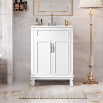 24 Inch Bathroom Vanity with Ceramic Sink Solid Wood Frame White