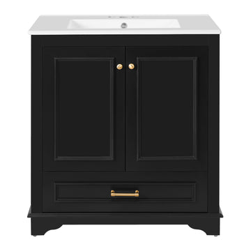 30 Inch Bathroom Vanity with Ceramic Sink Solid Wood Frame Black