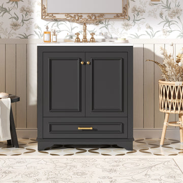 30 Inch Bathroom Vanity with Ceramic Sink Solid Wood Frame Black