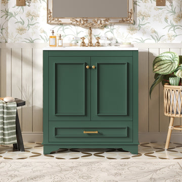 30 Inch Bathroom Vanity with Ceramic Sink Solid Wood Frame Green
