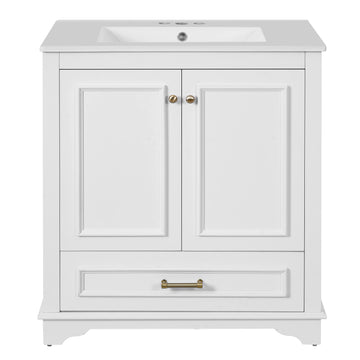 30 Inch Bathroom Vanity with Ceramic Sink Solid Wood Frame White