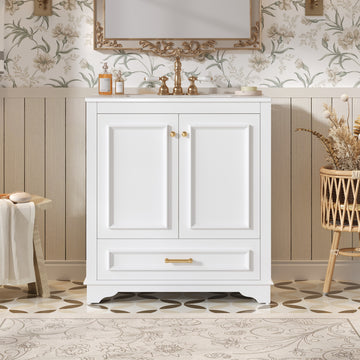 30 Inch Bathroom Vanity with Ceramic Sink Solid Wood Frame White