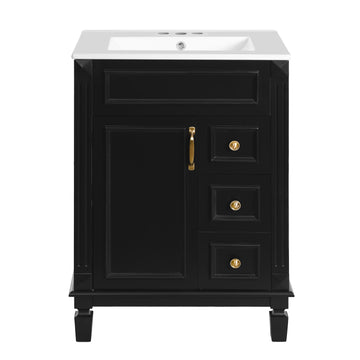 24 Inch French Style Bathroom Vanity with Ceramic Sink Two Drawers Adjustable Shelf Fits 4 Inch Faucet Black