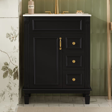24 Inch French Style Bathroom Vanity with Ceramic Sink Two Drawers Adjustable Shelf Fits 4 Inch Faucet Black