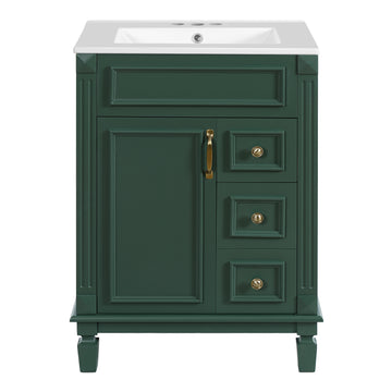 24 Inch French Style Bathroom Vanity with Ceramic Sink Two Drawers Adjustable Shelf Fits 4 Inch Faucet Green