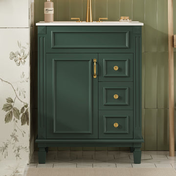 24 Inch French Style Bathroom Vanity with Ceramic Sink Two Drawers Adjustable Shelf Fits 4 Inch Faucet Green