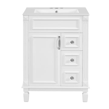 24 Inch French Style Bathroom Vanity with Ceramic Sink Two Drawers Adjustable Shelf Fits 4 Inch Faucet White