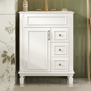 24 Inch French Style Bathroom Vanity with Ceramic Sink Two Drawers Adjustable Shelf Fits 4 Inch Faucet White