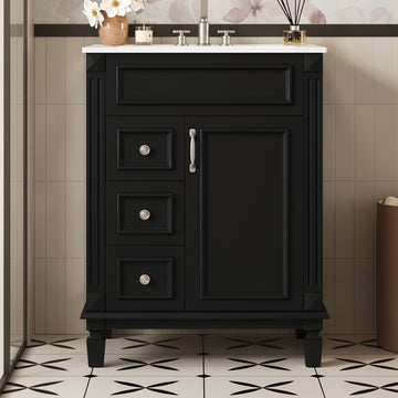 24 Inch French Style Bathroom Vanity with Ceramic Sink and Drawers Black