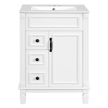 24 Inch French Style Bathroom Vanity with Ceramic Sink and Drawers White