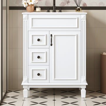 24 Inch French Style Bathroom Vanity with Ceramic Sink and Drawers White