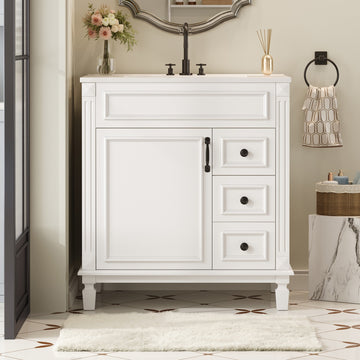 30 Inch Bathroom Vanity with Ceramic Sink and Storage Cabinet White