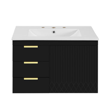 30 Inch Wall Mounted Bathroom Vanity with Ceramic Sink and Drawers Black