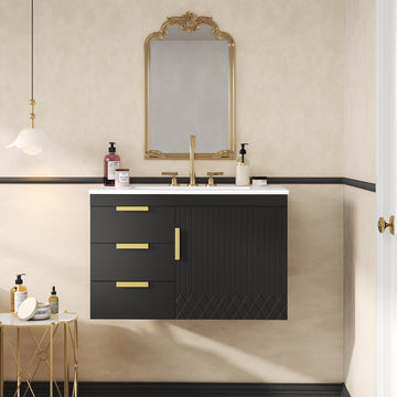 30 Inch Wall Mounted Bathroom Vanity with Ceramic Sink and Drawers Black