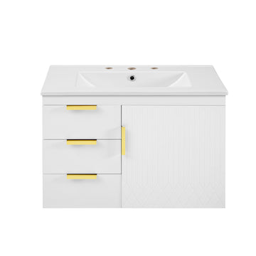 30 Inch Wall Mounted Bathroom Vanity with Ceramic Sink and Drawers White