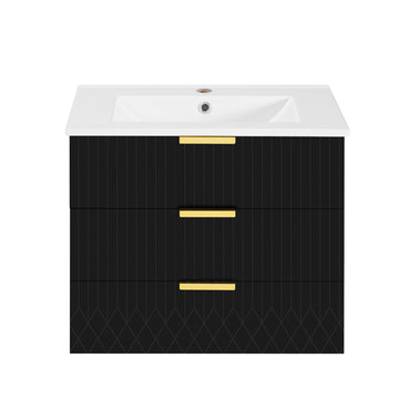 24 Inch Wall Mounted Bathroom Vanity with Ceramic Sink and Double Drawers Black