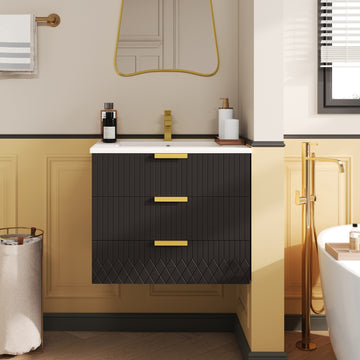 24 Inch Wall Mounted Bathroom Vanity with Ceramic Sink and Double Drawers Black