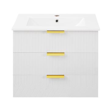 24 Inch Wall Mounted Bathroom Vanity with Ceramic Sink and Double Drawers White