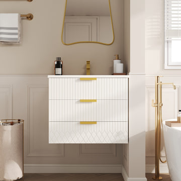 24 Inch Wall Mounted Bathroom Vanity with Ceramic Sink and Double Drawers White