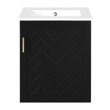 20 Inch Wall Mounted Bathroom Vanity with Side Cabinet Ceramic Sink Black