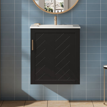 20 Inch Wall Mounted Bathroom Vanity with Side Cabinet Ceramic Sink Black