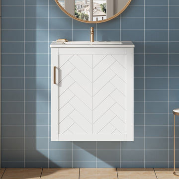 20 Inch Wall Mounted Bathroom Vanity with Side Cabinet Ceramic Sink White