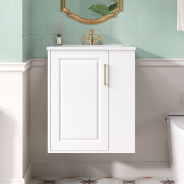 20 Inch Wall Mounted Bathroom Vanity with Ceramic Sink and Side Cabinet White