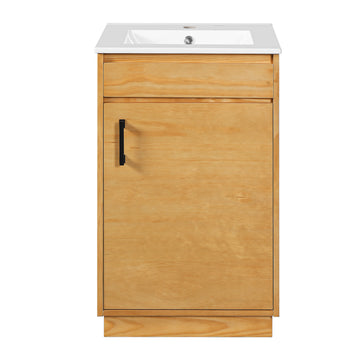20 Inch Bathroom Vanity with Ceramic Sink Farmhouse Style Single Door Cabinet Natural Wood