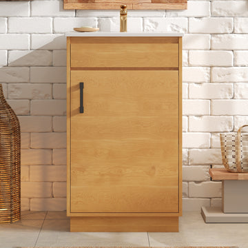 20 Inch Bathroom Vanity with Ceramic Sink Farmhouse Style Single Door Cabinet Natural Wood