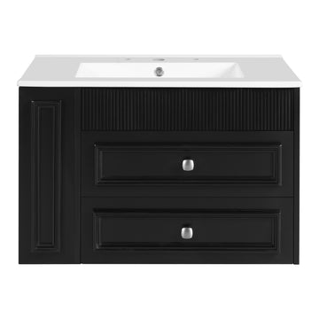 30 Inch Wall Mounted Bathroom Vanity with Ceramic Sink and Two Drawers Black