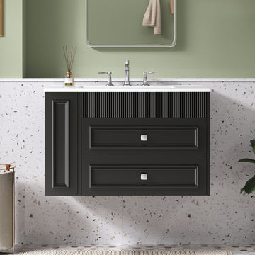 30 Inch Wall Mounted Bathroom Vanity with Ceramic Sink and Two Drawers Black