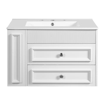 30 Inch Wall Mounted Bathroom Vanity with Ceramic Sink and Two Drawers White