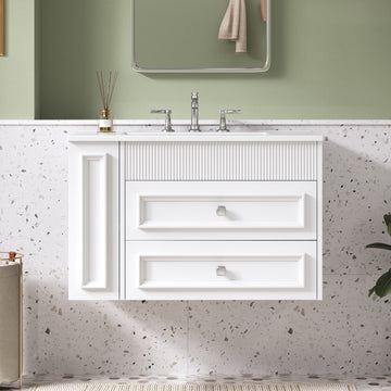 30 Inch Wall Mounted Bathroom Vanity with Ceramic Sink and Two Drawers White