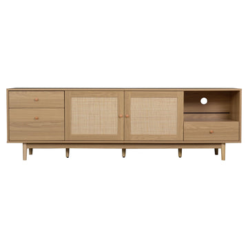 TV Stand for 65 to 85 Inch TV with Open Storage and Drawers, Modern Wood Media Console with Real Rattan