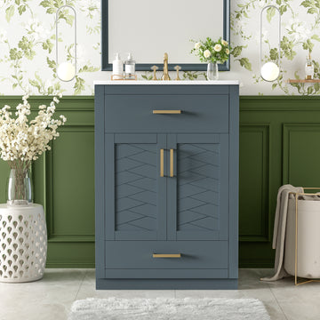 24 Inch Bathroom Vanity with Integrated Ceramic Sink and Storage Blue
