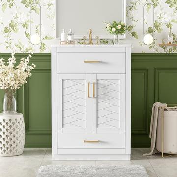 24 Inch Bathroom Vanity with Integrated Ceramic Sink and Storage White