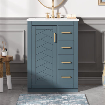 24 Inch Bathroom Vanity with Integrated Ceramic Sink and Storage Blue