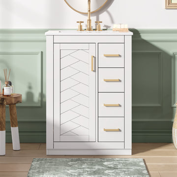 24 Inch Bathroom Vanity with Integrated Ceramic Sink and Storage White