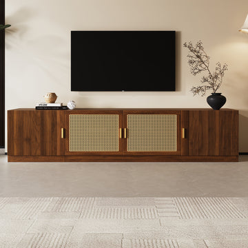 78" TV Stand for TVs Up to 85", TV Console for Living Room, Media Console with Rattan Doors, Adjustable Shelf TV Stand for Bedroom